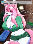 absurd_res anthro big_breasts brand_new_animal breasts canid canine caption cleavage clothed clothing doorstep female fox fur hair hi_res looking_at_viewer mammal nazuna_hiwatashi pink_eyes pink_hair pink_tail solo studio_trigger tail white_body white_fur yumiiefox
