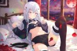  1girl artist_name asami-chan bed_sheet black_bra black_shorts black_thighhighs blurry blurry_foreground blush bra breasts cleavage closed_mouth groin hair_between_eyes hair_ornament hairclip highres indoors long_hair long_sleeves looking_at_viewer lying navel on_back on_bed original pillow red_eyes short_shorts shorts shrug_(clothing) small_breasts solo stomach straight_hair thighhighs twitter_logo underwear white_hair zettai_ryouiki 