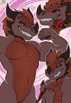 &lt;3 abstract_background absurd_res anthro claws closed_smile featureless_crotch flower flower_in_mouth hi_res horn kabscorner kane_(kabscorner) leash looking_at_viewer male mouth_closed muscular plant rose_(flower) rose_in_mouth scalie sharp_teeth smile teeth