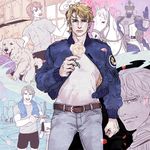  blonde_hair blue_eyes blue_jacket bomber_jacket egg epaulettes flower frying_pan helmet horse jacket john_(tiger_&amp;_bunny) keith_goodman male_focus mamemo_(daifuku_mame) multiple_boys petals power_suit rose shirt sky_high smile sparkle superhero t-shirt tiger_&amp;_bunny towel white_flower white_rose 