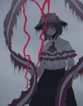  1girl ascot black_skirt bow capelet cowboy_shot frilled_capelet frilled_shawl frills glowing glowing_eyes grey_background hat hat_bow hat_ribbon looking_at_viewer n0een nagae_iku red_ascot red_eyes ribbon shawl shirt short_hair skirt touhou white_shirt 