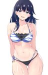  1girl absurdres ass_visible_through_thighs bikini black_hair blue_eyes breasts collarbone commentary_request gridman_universe highres large_breasts latte long_hair looking_at_viewer multicolored_bikini multicolored_clothes navel open_mouth side-tie_bikini_bottom smile solo ssss.gridman stomach swimsuit takarada_rikka thigh_gap wet white_background 