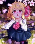  1girl ahoge ascot black_vest blonde_hair blush cherry_blossoms commentary english_commentary falling_petals fang hair_ribbon highres long_sleeves medium_hair open_mouth petal_on_head petal_on_nose petals pink_petals red_ascot red_eyes red_ribbon ribbon rion_(user_ufvg8527) rumia skirt skirt_set solo spring_(season) touhou vest 