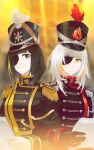  2girls black_gloves black_hair black_headwear eyepatch girls&#039;_frontline gloves highres long_hair looking_at_viewer m16a1_(blazing_sun_on_the_ruins)_(girls&#039;_frontline) m16a1_(boss)_(girls&#039;_frontline) m16a1_(girls&#039;_frontline) mole mole_under_eye multicolored_hair multiple_girls mush paper scar white_hair yellow_eyes 