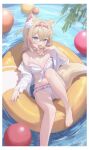  1girl absurdres afloat ahoge animal_ear_fluff animal_ears bandaid bandaid_hair_ornament barefoot blonde_hair blue_eyes border breasts colored_inner_animal_ears dog_ears dog_girl dog_tail doughnut fang feet food foot_out_of_frame hair_ornament hairband headband highres hololive hololive_english knee_up legs looking_at_viewer medium_hair midori_xu mococo_abyssgard multicolored_hair nail_polish open_mouth pink_hair pink_hairband pink_headband pon_de_ring skin_fang small_breasts smile solo streaked_hair swimsuit tail toenail_polish toenails toes virtual_youtuber white_border x_hair_ornament 