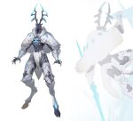  1boy antlers armor blue_eyes cape claws digitigrade facing_viewer full_body fur_cape fur_collar gauntlets glowing glowing_eyes highres hooves horns leviair loincloth male_focus monster multiple_views original pelvic_curtain simple_background standing white_background 