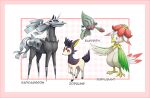  aggron anorith beak black_eyes border character_name closed_mouth commentary deerling elgyem english_commentary fusion highres kazuko_(towa) lilligant looking_at_viewer no_humans orange_eyes pokemon pokemon_(creature) rapidash rufflet smile standing talons zorua 