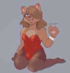 anthro bear breasts brown_body brown_fur brown_hair bulge bunny_costume chest_tuft clothing costume feet fur green_eyes gynomorph hair hair_over_eye happy intersex kirumeow legwear looking_at_viewer mammal moonie_(kirumeow) multicolored_body one_eye_obstructed open_mouth pantyhose red_clothing sitting small_breasts smile solo thigh_highs tuft two_tone_body wide_hips