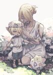  1boy 1girl ^_^ aged_down blonde_hair breasts child cleavage closed_eyes dress elica_dayo flower full_body gladiator_sandals grass hair_over_one_eye happy head_wreath highres kneeling mother_and_son muted_color open_mouth outstretched_arms pink_flower pokemon pokemon_(creature) pokemon_legends:_arceus sandals short_hair smile standing togepi tunic volo_(pokemon) white_dress 