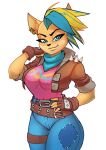 2020 5_fingers activision anthro bandicoot belt big_breasts black_nose blonde_hair blue_eyes blue_highlights bottomwear breasts clothed clothing crash_bandicoot_(series) denim denim_bottomwear denim_clothing ear_piercing ear_ring eyebrows eyelashes female fingerless_gloves fingers fully_clothed gloves gssaturday hair handwear hi_res highlights_(coloring) jacket jeans leather leather_clothing leather_jacket leather_topwear legband legs_together looking_at_viewer mammal marsupial notched_ear pants patched_clothing piercing pirate_tawna ring_piercing shirt simple_background smile solo standing thighband topwear white_background