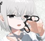  1girl black_eyes black_ribbon blurry blurry_foreground grey_background grey_hair hair_ribbon half-closed_eyes hand_up holding holding_scissors long_sleeves looking_at_viewer no_pupils open_mouth original patterned_background portrait ribbon scissors shadow shirt short_hair solo takanashi_natsuo white_shirt 