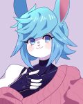 4:5 5_fingers anthro blue_eyes blue_hair clothed clothing female fingers hair lagomorph leporid mammal pink_clothing powderrune rabbit smile solo