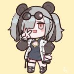  1girl :d absurdres animal_ears arknights bear_ears bear_girl black_dress black_hair black_jacket black_outline cel_shading chibi cleavage_cutout clothing_cutout commentary dress eyewear_on_head fang feater_(arknights) full_body grey_hair hair_between_eyes hair_over_one_eye hand_up highres himajin_(fd_jin) jacket long_sleeves looking_at_viewer medium_hair multicolored_hair no_nose one_eye_covered open_clothes open_jacket open_mouth outline pink_eyes round_eyewear signature simple_background skin_fang smile solo split_mouth standing streaked_hair sunglasses v yellow_background 