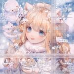  1girl :q ahoge animal_ear_fluff animal_ears artist_request bcy_username blonde_hair blue_background blue_capelet blue_eyes blue_ribbon buttons capelet cat_ears cat_hair_ornament check_artist chinese_text closed_mouth collar commission cup diamond_hair_ornament dog_hair_ornament english_text eyelashes fingernails food frilled_capelet frilled_sleeves frills fur_collar hair_ornament hair_ribbon hairclip hat holding holding_cup holding_spoon hot_chocolate jingli_jingli light_blush lipstick long_hair looking_at_viewer makeup marshmallow mixed-language_text neck_ribbon original plaid plaid_background plaid_capelet red_lips ribbon sample_watermark shirt simple_background sleeves_past_wrists smile snowflake_hair_ornament snowing snowman solo sparkle spoon stirring teacup third-party_source tongue tongue_out two_side_up upper_body watermark white_collar white_headwear white_ribbon white_shirt white_sleeves 