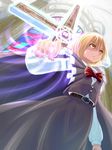  alternate_color ashinuu_(azy) belt belt_buckle blonde_hair bow bowtie buckle cape cross from_below okazaki_yumemi player_2 serious skirt solo stained_glass touhou touhou_(pc-98) vest yellow_eyes 