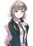  1girl bag blunt_bangs blush breasts brown_eyes brown_hair collared_shirt danganronpa_(series) danganronpa_2:_goodbye_despair flipped_hair grey_background hand_up highres hood jacket kisara_keyy large_breasts long_sleeves looking_at_viewer medium_hair nanami_chiaki neck_ribbon no_hair_ornament open_clothes open_jacket pink_bag pleated_skirt ribbon shirt simple_background skirt smile solo white_shirt 