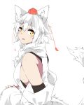  1girl :d absurdres animal_ear_fluff animal_ears bare_shoulders breasts detached_sleeves hat highres houkai_(collapse_illust) inubashiri_momiji looking_at_viewer open_mouth shirt short_hair sideboob simple_background smile solo tail tokin_hat touhou upper_body white_background white_hair white_shirt white_sleeves wolf_ears wolf_girl wolf_tail yellow_eyes 