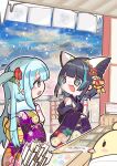  2girls :d absurdres animal_ears aqua_eyes aqua_hair arrow_(projectile) azur_lane black_hair blue_hair blush_stickers bright_pupils cheshire_(azur_lane) colored_inner_hair commentary_request commission detached_sleeves ear_covers eye_contact eyes_visible_through_hair floral_print floral_print_kimono flower frills fur_(clothing) hair_flower hair_ornament hair_ribbon hamaya hatsumoude highres himajin_(fd_jin) holding japanese_clothes kimono long_hair long_sleeves looking_at_another manjuu_(azur_lane) multicolored_hair multiple_girls neptune_(azur_lane) new_year notice_lines omikuji open_mouth print_kimono profile purple_eyes purple_kimono purple_sleeves red_flower red_ribbon ribbon short_hair skeb_commission sleeveless sleeveless_kimono smile snow snowing split_mouth standing turning_head white_flower white_pupils wide_sleeves yellow_ribbon 