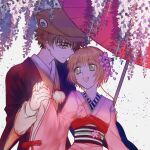  1boy 1girl black_kimono brown_eyes brown_hair cardcaptor_sakura couple flower green_eyes hair_flower hair_ornament hat hetero holding_hands japanese_clothes kimono kinomoto_sakura li_syaoran looking_at_another obi oil-paper_umbrella open_mouth pink_kimono qige sash smile umbrella upper_body wisteria 