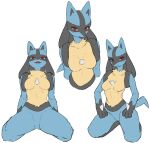 2022 anthro better_version_at_source biped black_body blue_body blue_fur blush breasts canid canine chest_spike fangs featureless_breasts featureless_crotch female fur generation_4_pokemon hi_res kneeling looking_at_viewer lucario mammal medium_breasts midriff narrowed_eyes neck_tuft nintendo open_mouth open_smile pokemon pokemon_(species) red_eyes simple_background sketch smile solo spikes spikes_(anatomy) spread_legs spreading tail tan_body tan_fur teeth thick_thighs tuft white_background yawar