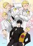  ? ?? amamiya_ren black_hair black_jacket black_pants blazer blonde_hair blush brown_eyes closed_eyes crossed_arms floral_background glasses gradient_background groom hair_between_eyes hand_in_pocket hand_on_own_chin hand_on_own_hip highres imagining jacket kiki_(rsjj8234) leaning_to_the_side long_sleeves looking_at_viewer male_focus multiple_boys official_alternate_costume one_eye_closed open_clothes open_jacket pants persona persona_5 persona_5_tactica plaid plaid_pants print_shirt reaching reaching_towards_viewer sakamoto_ryuuji school_uniform shirt short_hair shuujin_academy_school_uniform smile sparkle suit sweatdrop sweater translation_request turtleneck turtleneck_sweater twitter_username v white_suit yaoi yellow_shirt 