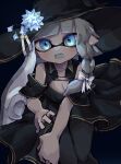  1girl black_background black_dress black_headwear blue_eyes bow braid braided_sidelock breasts cleavage collarbone commentary_request dress fangs gold_trim grey_hair hair_bow hat highres inkling_girl inkling_player_character long_hair looking_at_viewer open_mouth pointy_ears single_braid solo splatoon_(series) tentacle_hair white_bow witch_hat yksb_inc6 