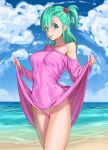  1girl asymmetrical_bangs beach blue_sky breasts bulma censored closed_mouth clothes_lift cloud commentary_request covered_navel covered_nipples dragon_ball dragon_ball_(classic) dress dress_lift green_eyes green_hair heart heart_censor highres large_breasts lifted_by_self light_smile long_dress massive_kagawa no_panties ocean off_shoulder one_side_up pink_dress single_bare_shoulder sky solo standing 