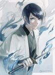  1boy black_hair black_kimono blue_eyes blue_fire closed_mouth eyelashes fire haori highres holding holding_sword holding_weapon japanese_clothes katana kimono kitagawa_yuusuke long_sleeves looking_at_viewer male_focus persona persona_5 simple_background solo sword twitter_username v-shaped_eyebrows weapon za210n 