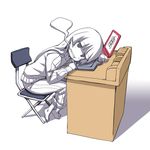  barefoot chair commentary copyright_request desk empty_eyes giving_up_the_ghost long_hair lowres matsuryuu solo spot_color tablet track_suit 