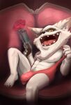 absurd_res anthro big_bulge bulge clothed clothing clothing_pull flower furniture gun hi_res holidays kled_(lol) knee_up league_of_legends male nobodyshouse plant pubes ranged_weapon riot_games rose_(flower) shirt sitting sofa solo tank_top topwear valentine&#039;s_day weapon yordle