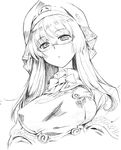  bow breasts character_request glasses hage hat long_hair looking_down medium_breasts monochrome original sketch solo traditional_media 