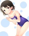  1girl aru_(arudes) blue_one-piece_swimsuit brown_eyes brown_hair commentary_request hair_ornament hairclip highres idolmaster idolmaster_cinderella_girls leaning_forward looking_at_viewer name_tag old_school_swimsuit one-piece_swimsuit own_hands_together sasaki_chie school_swimsuit short_hair smile solo swimsuit thighs 
