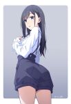  1girl black_hair black_shorts blue_eyes commentary_request dated from_behind highres long_hair long_sleeves looking_at_viewer monai-chan_(nii_manabu) nii_manabu original shirt shorts signature solo thighs white_shirt 