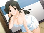  bedroom bending_over bent_over black_hair blush breasts brown_eyes cleavage door happy inside koi_to_mizugi_to_taiyo_to large_breasts long_hair naked nude one_hand_up open_mouth sex smile towel 