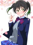 1girl absurdres black_hair blazer blue_jacket blue_skirt blush bow bowtie cherry_blossoms closed_mouth collared_shirt commentary commentary_request falling_petals gradient_hair green_eyes green_hair grey_vest hair_between_eyes highres jacket long_sleeves looking_at_viewer love_live! love_live!_nijigasaki_high_school_idol_club medium_hair multicolored_hair open_clothes open_jacket otonokizaka_school_uniform petals plaid plaid_skirt pleated_skirt pointing pointing_up red_bow red_bowtie school_uniform shinonome_sakura shirt sidelocks skirt smile solo striped_bow striped_bowtie striped_clothes takasaki_yuu twintails upper_body vest white_background white_shirt winter_uniform 