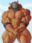 2024 abs anthro areola armband armor bandai_namco barazoku biceps big_muscles big_pecs claws cloud covering covering_crotch covering_self day deltoids digimon digimon_(species) hair headgear helmet hi_res horn huge_muscles huge_pecs huge_thighs long_hair looking_at_viewer male manly mask muscular muscular_anthro muscular_male navel nipples nude oldshep outside pecs quads sky solo standing thick_thighs triceps wargreymon