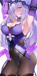  1girl armpits arms_up bare_shoulders black_footwear black_swan_(honkai:_star_rail) blush boots breasts covered_navel from_side gloves highres honkai:_star_rail honkai_(series) large_breasts long_hair looking_at_viewer open_mouth purple_eyes purple_hair purple_headwear shiben_(ugvu5784) simple_background solo thigh_boots thighs white_background 