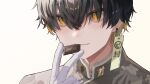  1boy bishounen black_hair blonde_hair chocolate closed_mouth colored_inner_hair earrings eating eyelashes food gloves hair_between_eyes highres holding holding_food holostars jewelry multicolored_hair portrait roooongs short_hair smile solo two-tone_hair v virtual_youtuber white_background white_gloves yatogami_fuma yellow_eyes 