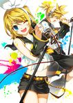  1girl ;d blonde_hair blue_eyes blush brother_and_sister closed_eyes detached_sleeves hair_ribbon headphones highres kagamine_len kagamine_rin microphone microphone_stand midriff one_eye_closed open_mouth paint_splatter paint_stains ress ribbon short_shorts shorts siblings smile twins vocaloid 