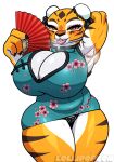 anthro asian_clothing big_breasts bodily_fluids breasts chinese_clothing chinese_dress cleavage clothed clothing dreamworks dress east_asian_clothing eyelashes felid female hi_res huge_breasts kung_fu_panda lips lollipopcon looking_at_viewer mammal master_tigress pantherine panties simple_background solo striped_body stripes sweat thick_lips thick_thighs tiger underwear white_background