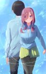  1boy 1girl absurdres arm_at_side arm_behind_back back-to-back black_hair black_pantyhose blue_background blue_cardigan blue_eyes blush breasts brown_hair cardigan closed_mouth commentary_request couple enpera falling_petals feet_out_of_frame go-toubun_no_hanayome green_skirt hair_over_one_eye headphones headphones_around_neck heart heart_of_string hetero highres holding holding_string kisaragi_yotsuba large_breasts long_hair long_sleeves looking_to_the_side miniskirt nakano_miku pantyhose petals pleated_skirt school_uniform short_hair simple_background skirt split_mouth standing string string_of_fate uesugi_fuutarou 