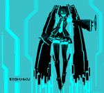  hatsune_miku highres kazeco long_hair necktie neon_trim parody skirt solo style_parody thighhighs tron twintails very_long_hair vocaloid weapon 
