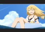  1girl bikini blonde_hair blue_sky breasts cleavage closed_eyes cloud day dokibird_(vtuber) feet_out_of_frame highres indie_virtual_youtuber lendivere long_hair medium_breasts open_mouth outdoors sitting sky smile solo swimsuit teeth upper_teeth_only virtual_youtuber water white_bikini 