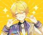  1boy black_shirt blonde_hair blush closed_eyes commentary fingers_to_cheek grin highres jacket long_sleeves male_focus pointing pointing_at_self project_sekai shirt signature simple_background smile solo sparkle tenma_tsukasa upper_body vest white_background white_jacket yellow_vest yuhi_(hssh_6) 