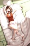  animal_ears bare_legs barefoot blanket breasts brown_hair cat_ears chen cleavage closed_eyes futon highres hips lying madara_hato medium_breasts midriff no_hat no_headwear no_pants on_back open_clothes open_shirt panties pillow pink_panties shirt short_hair solo stretch tatami tears touhou underwear yawning 
