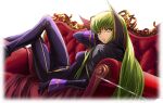  1girl arm_up artist_request black_cape black_gloves blue_bodysuit bodysuit border breasts c.c. cape code_geass code_geass:_lost_stories cosplay couch crossed_legs dutch_angle feet_out_of_frame from_behind game_cg gloves gold_trim green_hair hand_on_own_cheek hand_on_own_face high_collar highres long_hair long_sleeves looking_at_viewer looking_back lying medium_breasts non-web_source official_art on_back on_couch parted_lips sidelocks solo teeth transparent_background transparent_border two-sided_cape two-sided_fabric yellow_eyes zero_(code_geass) zero_(code_geass)_(cosplay) 