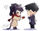  &gt;_&lt; 1boy 1girl absurdres animal_ears artist_name black_footwear black_hair blue_coat blush brown_coat cat_ears cat_tail chibi chibi_only closed_eyes coat dress flying_sweatdrops gift hands_over_own_mouth highres holding holding_gift incoming_gift j_humbo komi-san_wa_komyushou_desu komi_shouko long_bangs long_hair looking_at_another messy_hair pants plaid plaid_scarf red_scarf scarf short_hair sweatdrop tadano_hitohito tail white_background white_footwear winter_clothes 