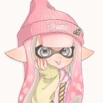 1girl :p beanie closed_mouth grey_eyes hat highres inkling_girl inkling_player_character lemo_(lemo_4) long_hair looking_at_viewer pink_hair pink_headwear pointy_ears simple_background sleeves_past_wrists smile solo splatoon_(series) tentacle_hair tongue tongue_out upper_body white_background 