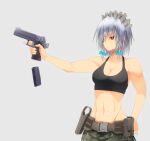  1girl abs alternate_costume belt belt_pouch black_sports_bra blue_bow bow braid breasts cleavage closed_mouth commentary_request grey_hair gun hair_bow holding holding_gun holding_weapon holster izayoi_sakuya magazine_(weapon) maid_headdress midriff onibi_(foxhound4185) pouch short_hair solo sports_bra touhou twin_braids weapon 