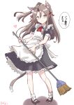  1girl alternate_costume animal_ears apron ascot black_dress black_footwear broom brown_eyes cat_ears cat_tail commentary_request dress enmaided frilled_apron frills fuji_(pixiv24804665) grey_hair hair_between_eyes high_ponytail highres kantai_collection long_hair maid maid_headdress mary_janes red_ascot shoes simple_background smile socks solo standing tail translation_request white_apron white_background white_socks zuihou_(kancolle) 